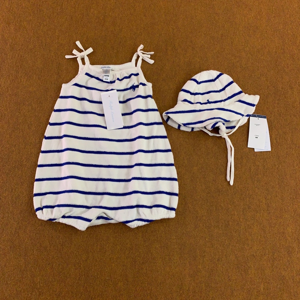 Ralph Lauren Baby Size 9M White Blue Striped Terry Romper Hat 2 Piece Set NWT
